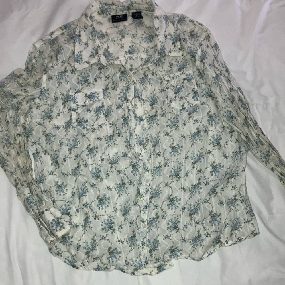 Woman’s Floral Button-Down Shirt - Blue and White